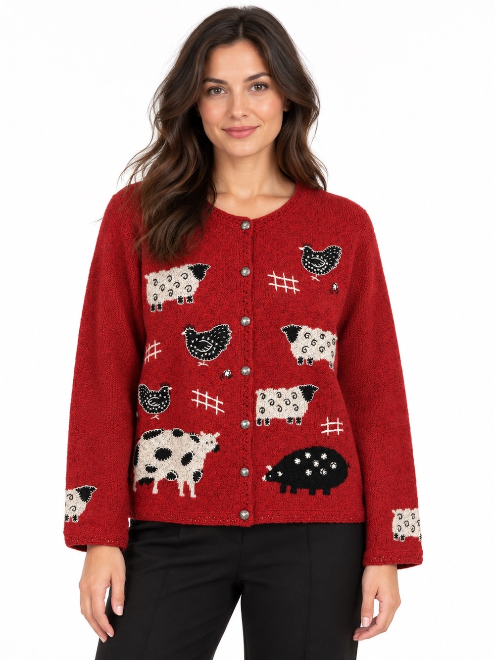 Vintage 90s Northern Isles Rare Farm Animal Black Sheep Cardigan Sweater Red XL